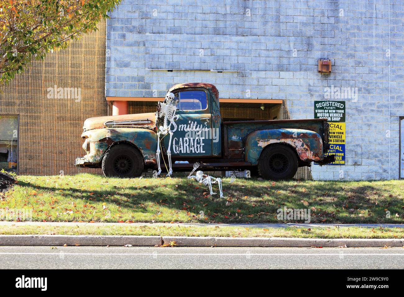 Old pickup truck and skeletons Setauket Long Island NY Stock Photo