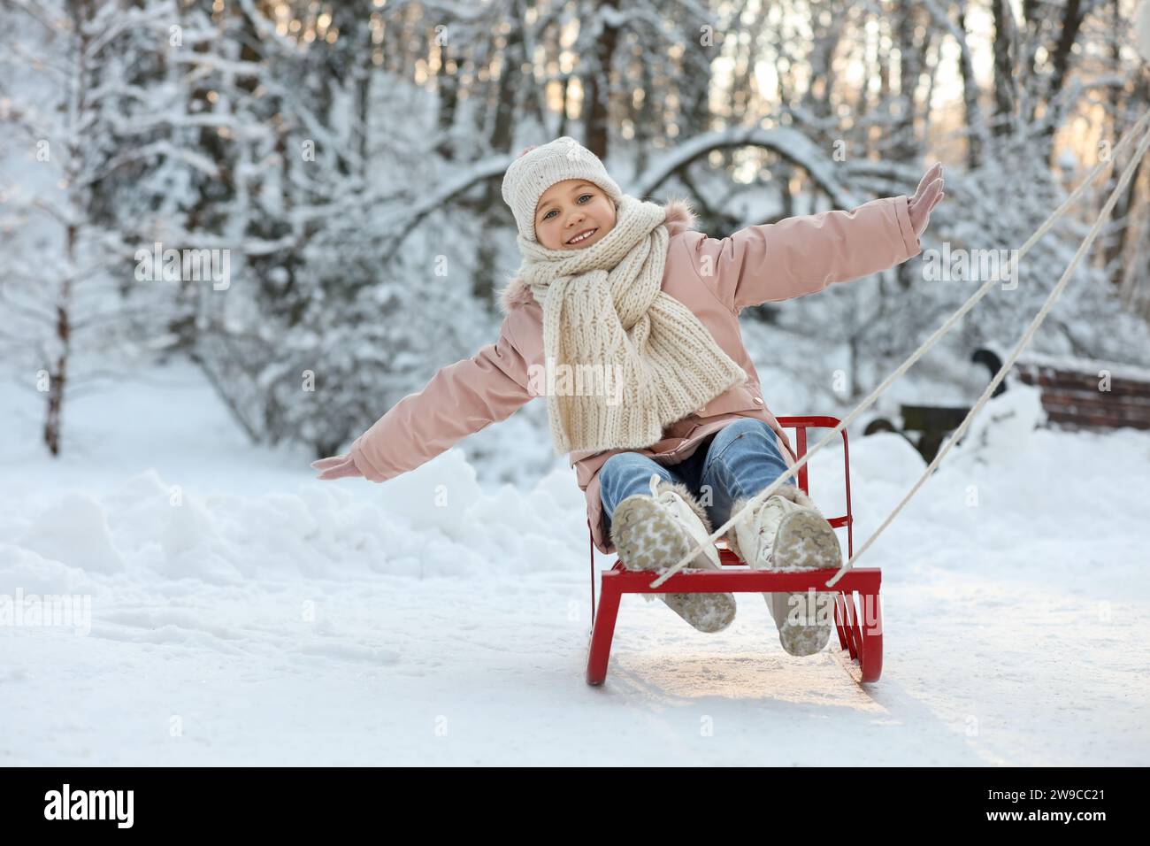 Cute little girl enjoying sledge ride through snow in winter park Stock Photo