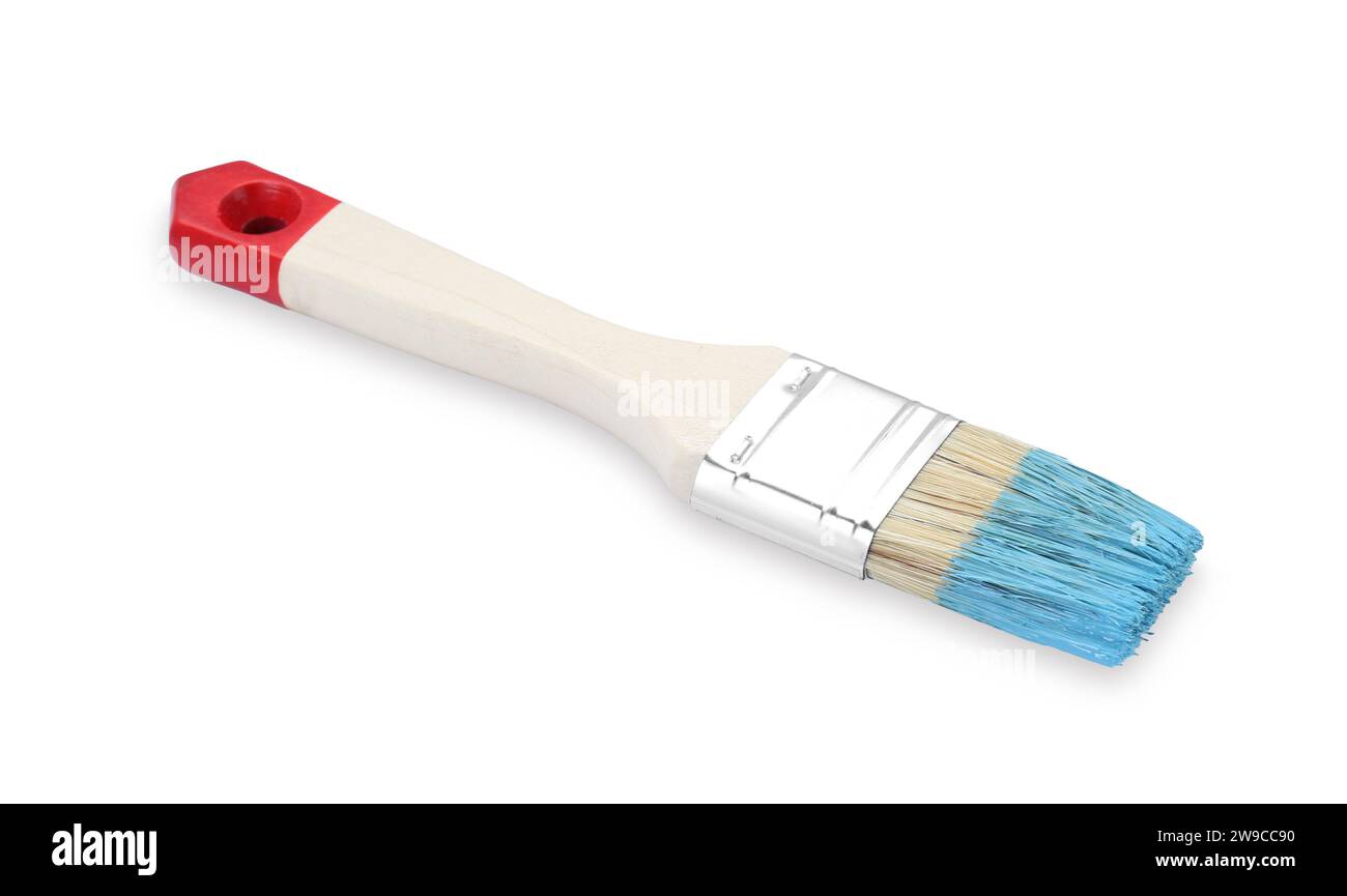 Brush with light blue paint isolated on white Stock Photo - Alamy