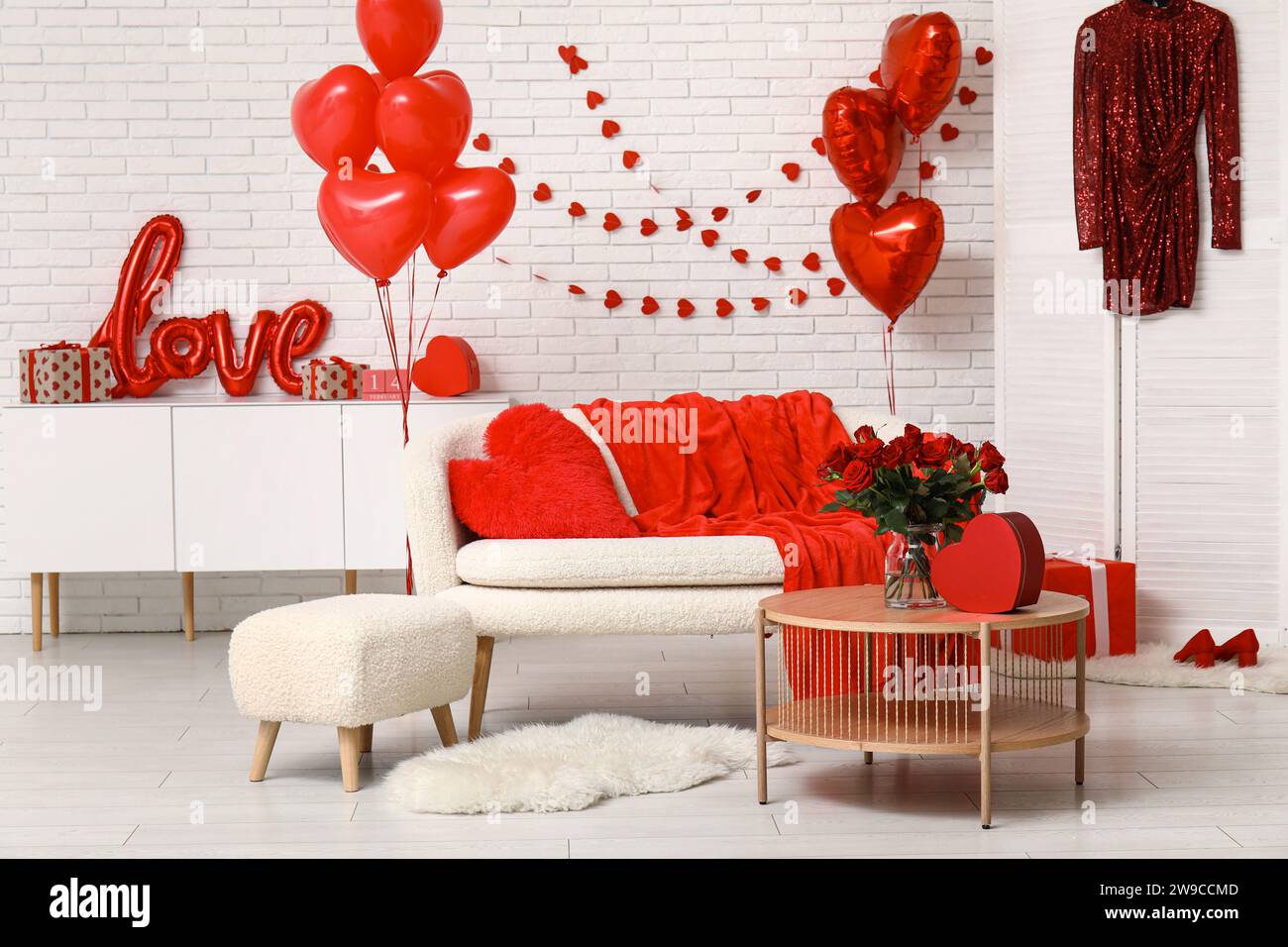 Interior of festive living room with decorations for Valentine's Day ...