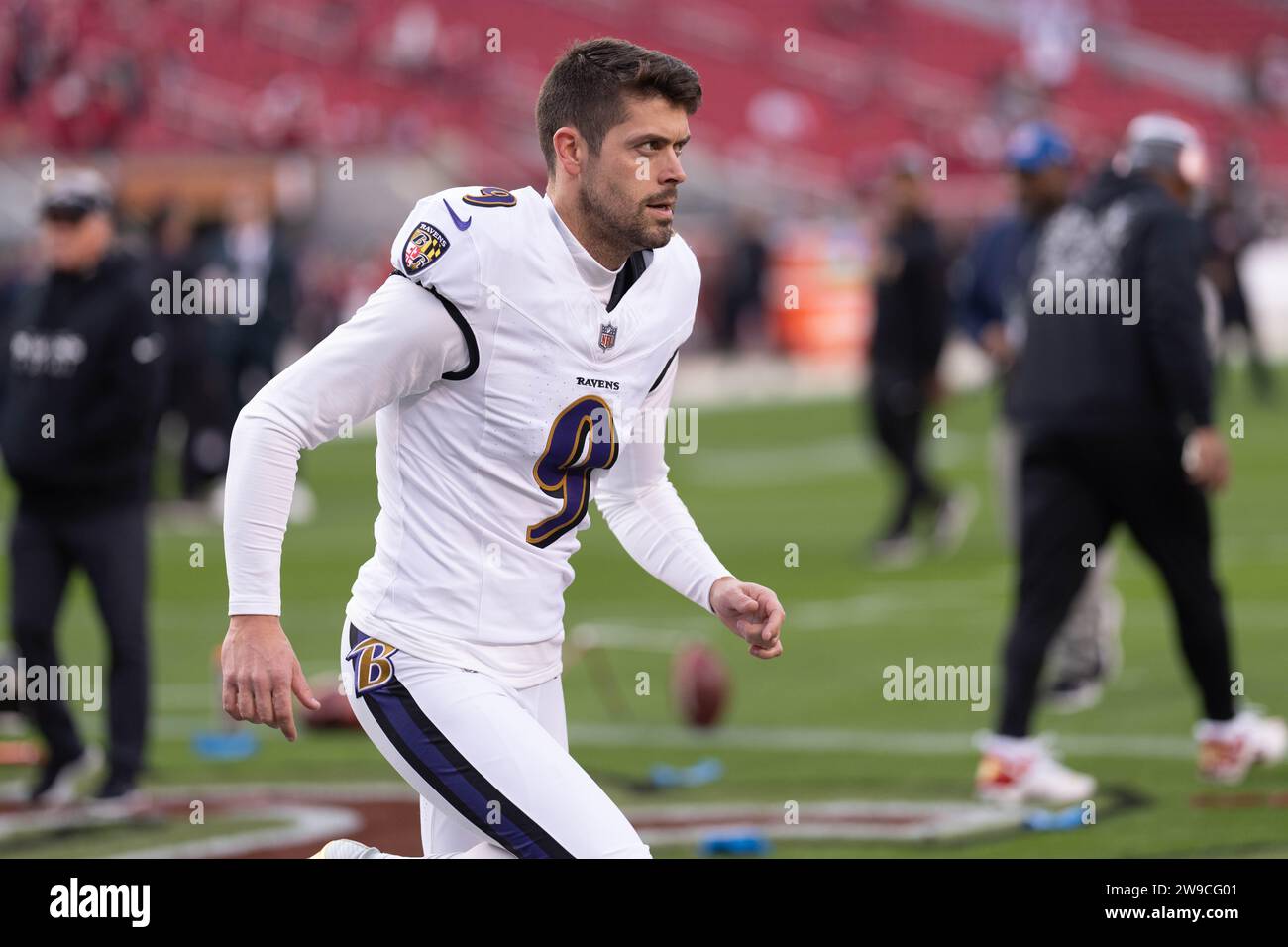 Dec 25, 2023; Santa Clara, CA, USA;  Baltimore Ravens place kicker Justin Tucker (9) jogs during warmups before the start of the first quarter against the San Francisco 49ers at Levi’s Stadium. (Stan Szeto/Image of Sport) Stock Photo