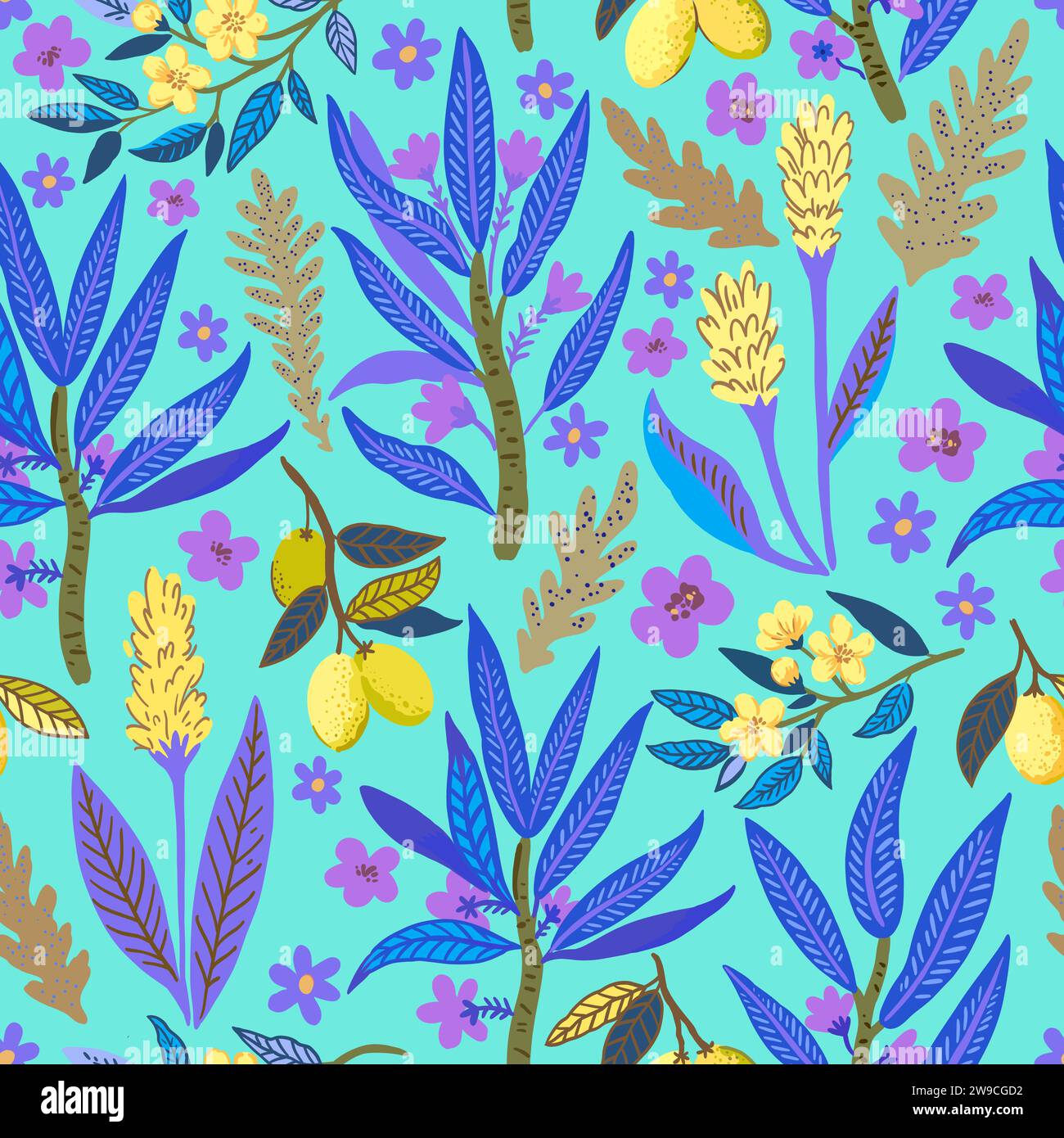 Seamless pattern with stylized tropical plants and flowers. Vector illustration Stock Vector