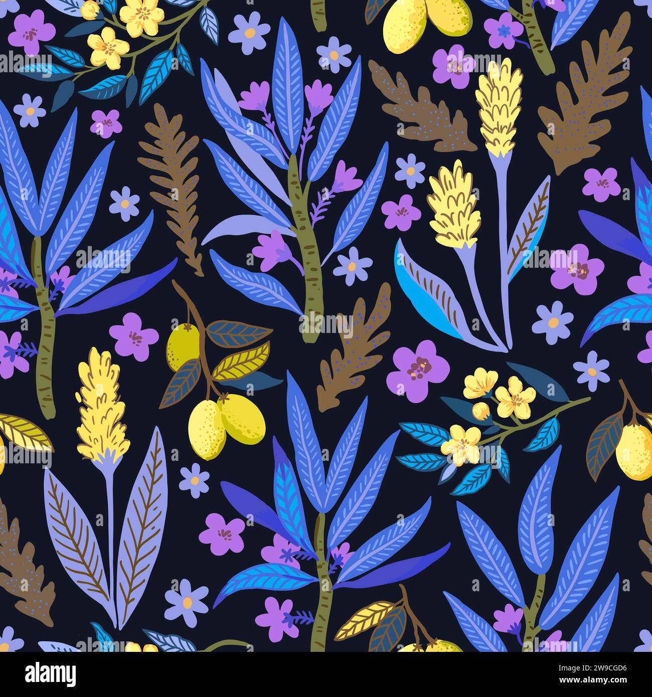 Seamless pattern with stylized tropical plants and flowers. Vector illustration Stock Vector