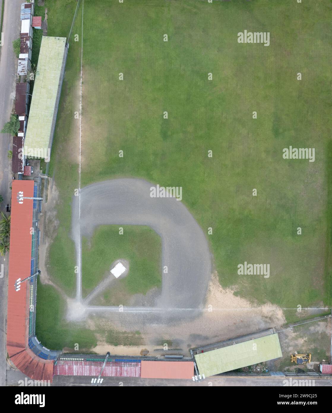 Green grass on baseball stadium aerial drone top view Stock Photo