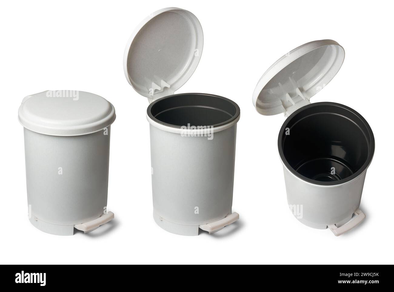 set of pedal bins or pedal trash cans, indoor waste disposal containers that have foot pedal mechanism for hands free operation, used in kitchens Stock Photo