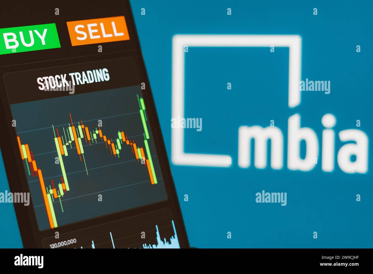 Brazil. 26th Dec, 2023. In this photo illustration, the stock market graphic seen on a smartphone with the MBIA logo in the background. Credit: SOPA Images Limited/Alamy Live News Stock Photo