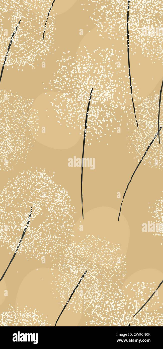 Stylized flying dandelions card, vector seamless pattern Stock Vector