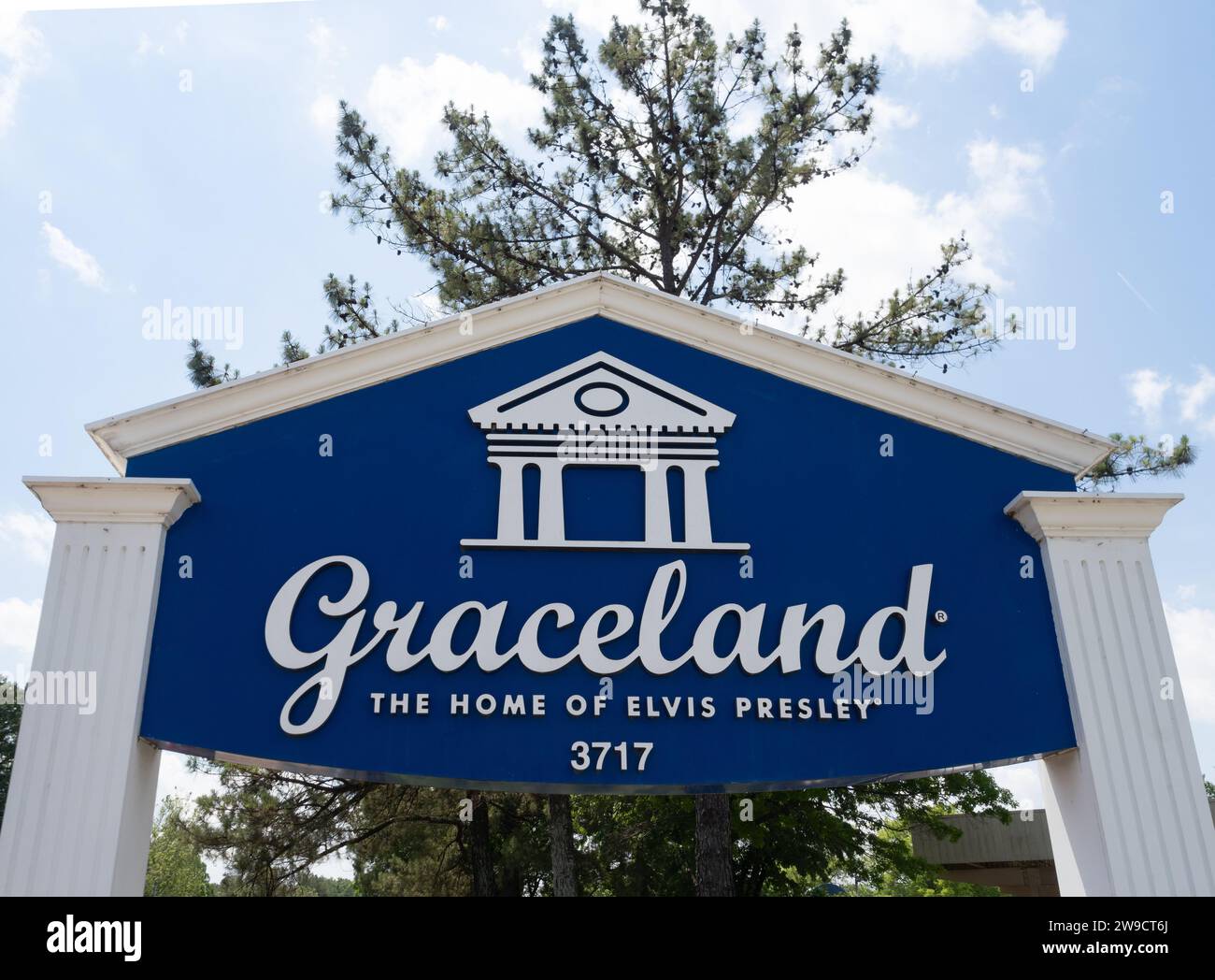 Blue and white entrance sign for Graceland on Elvis Presley Boulevard in Memphis, Tennessee. Stock Photo