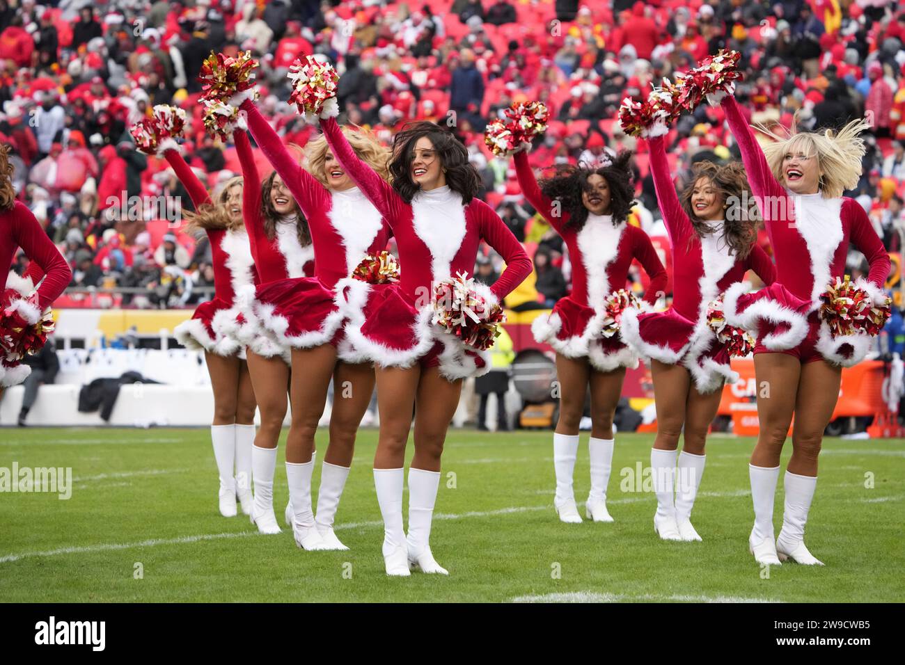 Kansas City Chiefs cheerleaders perform in Christmas costumes during an ...
