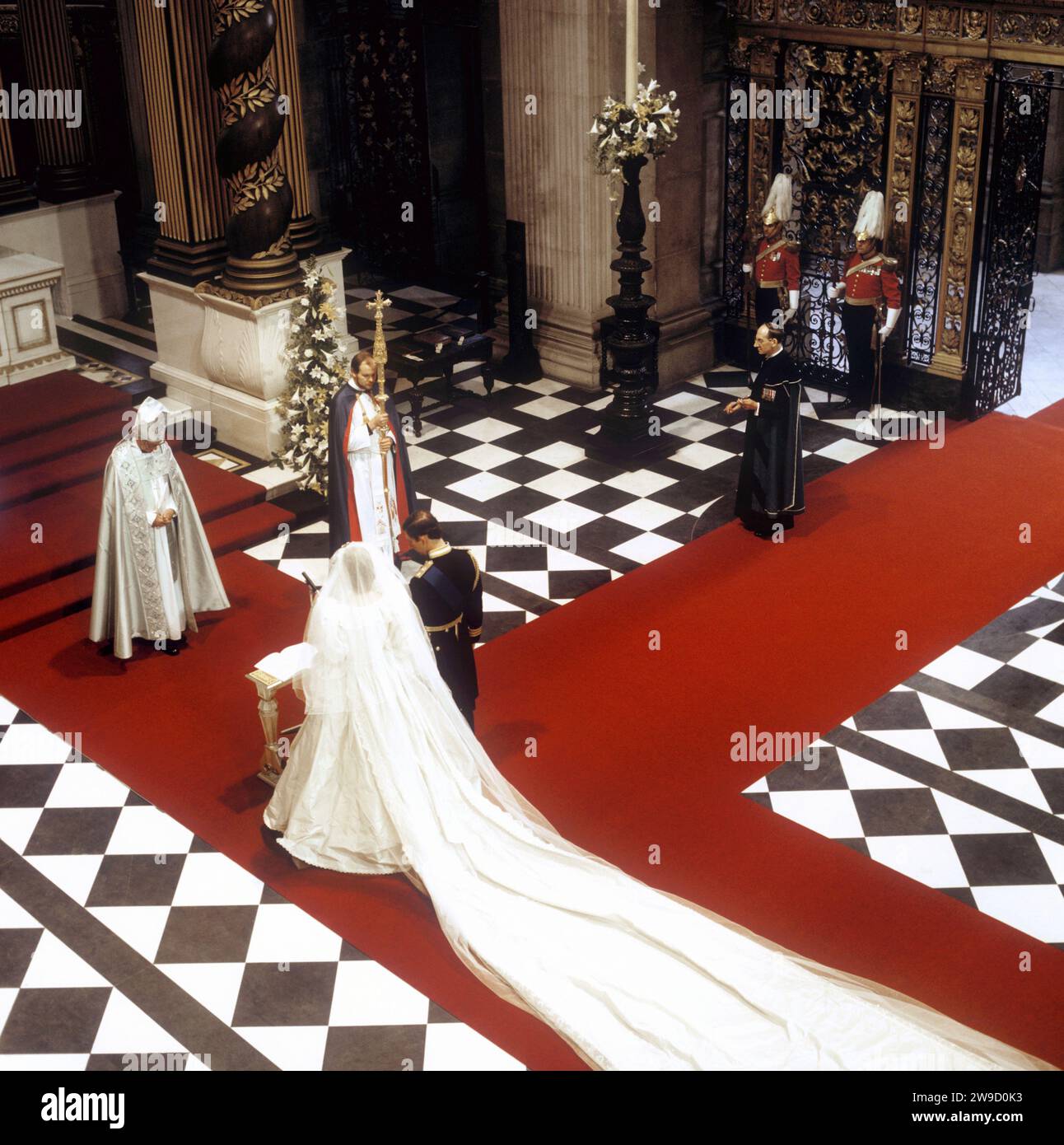 File photo dated 29/7/1981 of the Prince and Princess of Wales at the High Altar in front of the Archbishop of Canterbury, Robert Runcie, during their wedding at St Paul's Cathedral. Irish President Patrick Hillery's decision to decline an invitation to the wedding of Charles and Diana prompted concerns from Irish government officials. Issue date: Wednesday December 27, 2023. Stock Photo