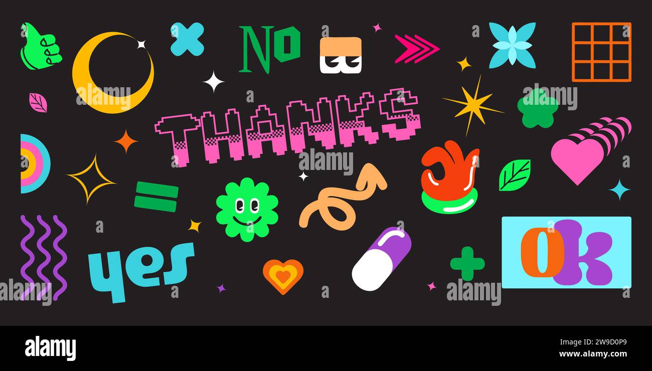 Y2k colorful abstract shapes and text signs. Simple vector illustration ...