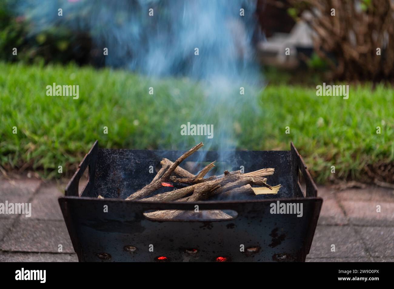Smoke and wood, burning firewood in the fire pit without flames Stock Photo