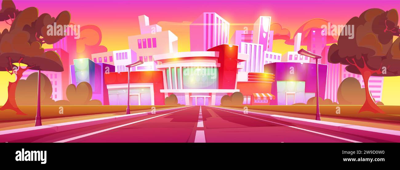Cartoon sunrise or sunset city landscape with road leads to high rise