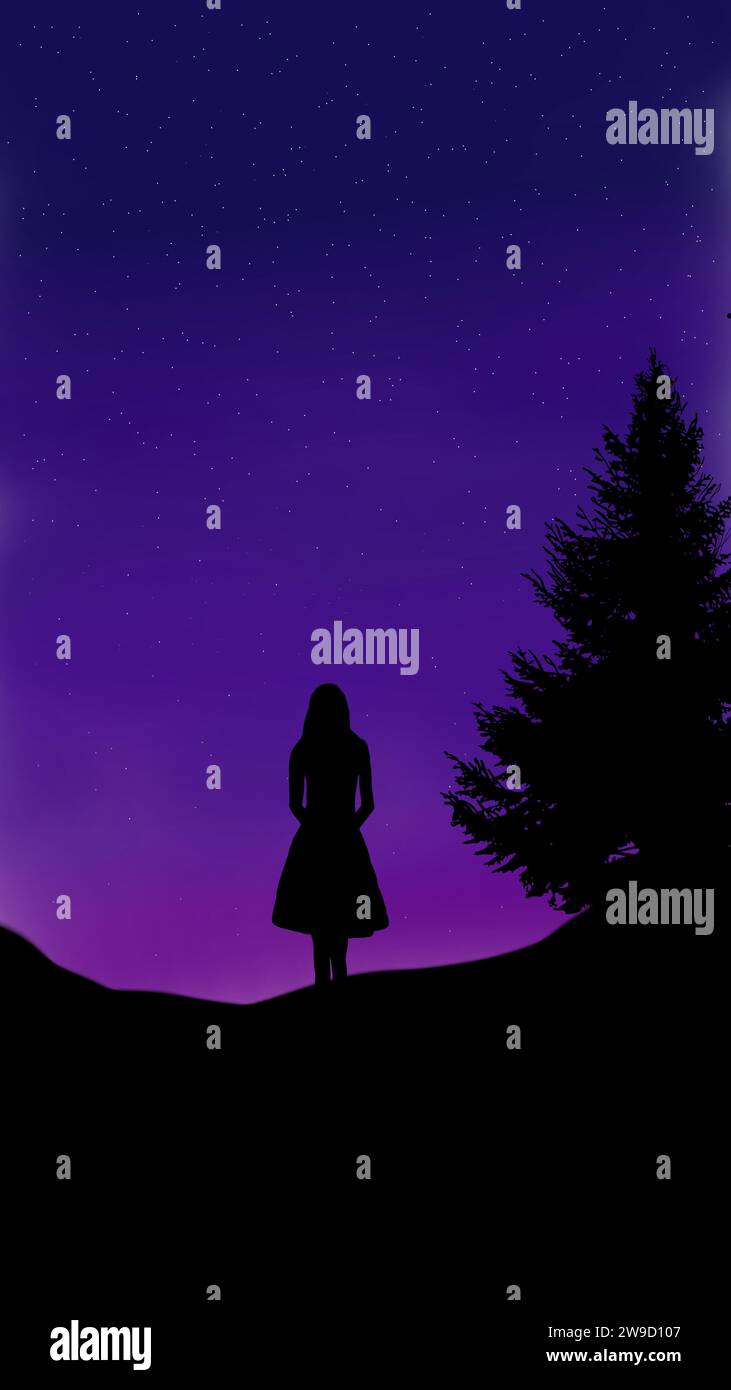 Lost in a celestial dance, she stands beneath a purple starry sky, a lone pine tree whispering secrets in the cosmic lullaby. Stock Photo