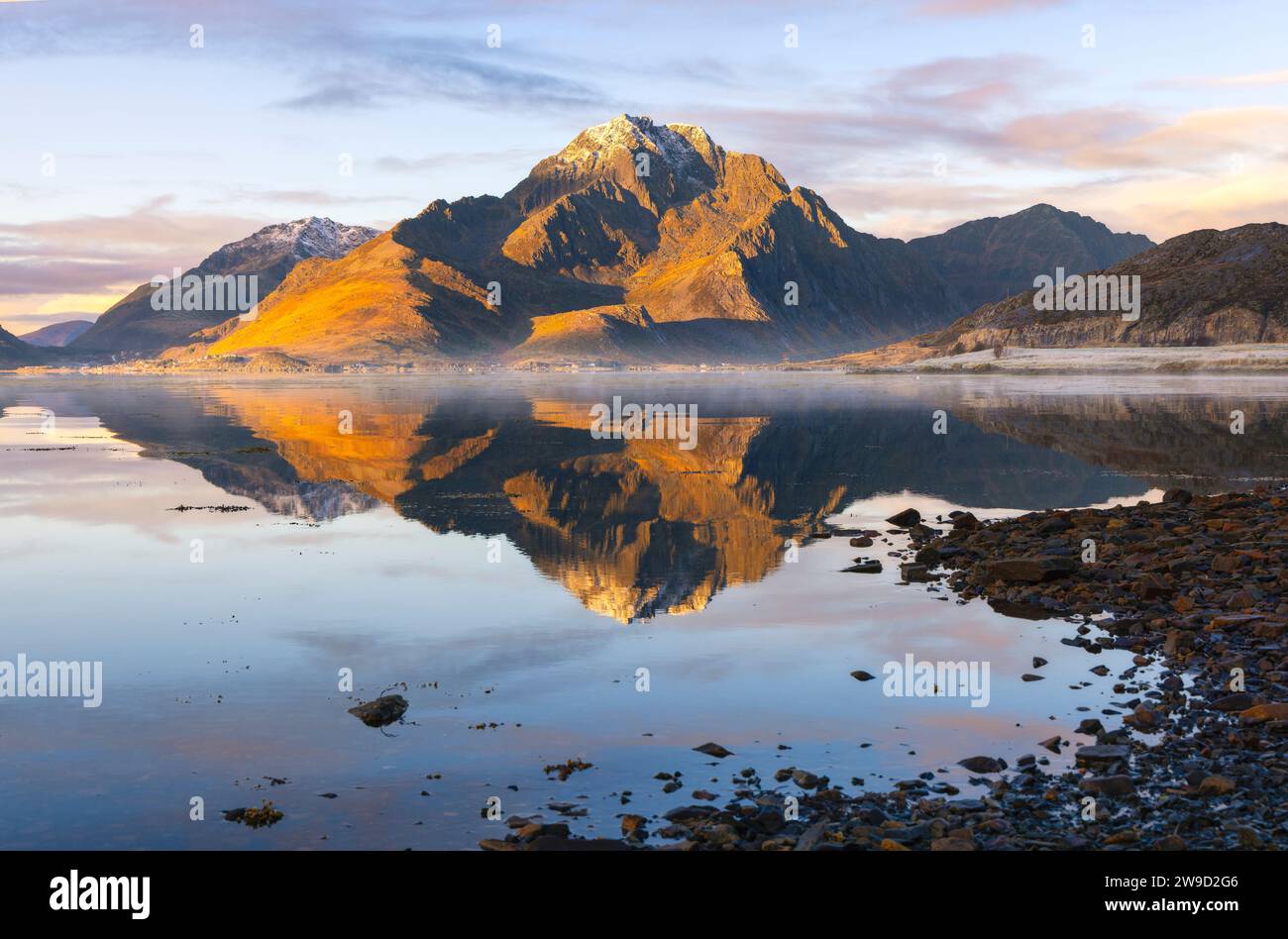 Mountains and reflections during sunset, Leknes, Vestvagoy, Nordland, Lofoten Islands, Norway, Northern Europe Stock Photo