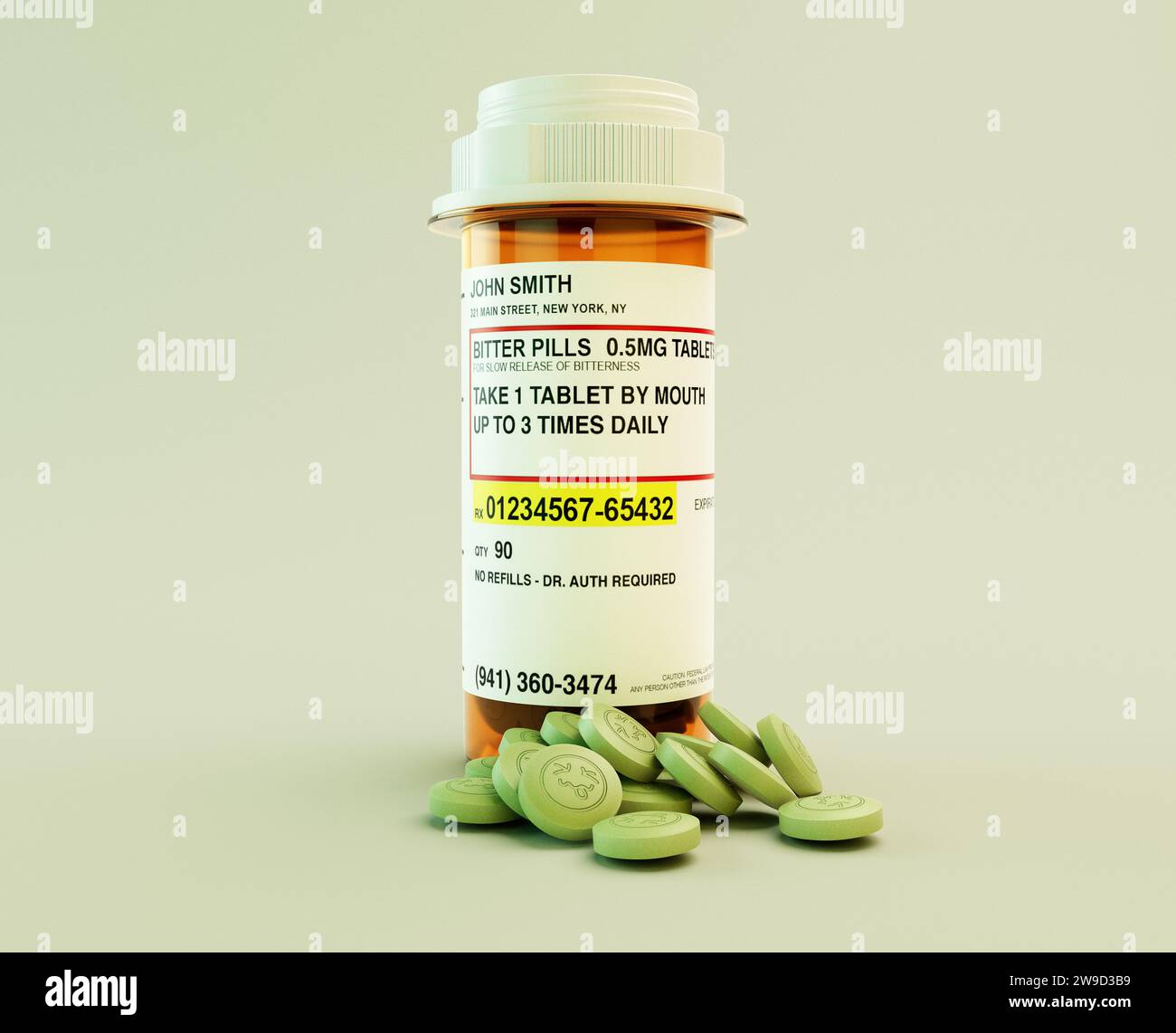 A concept of green medicine tablets embossed with a bitter face around a generic orange prescription pill bottle with a screw on lid - 3D render Stock Photo