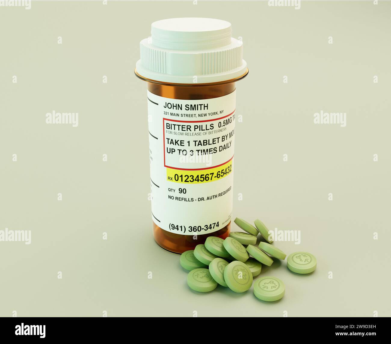 A concept of green medicine tablets embossed with a bitter face around a generic orange prescription pill bottle with a screw on lid - 3D render Stock Photo