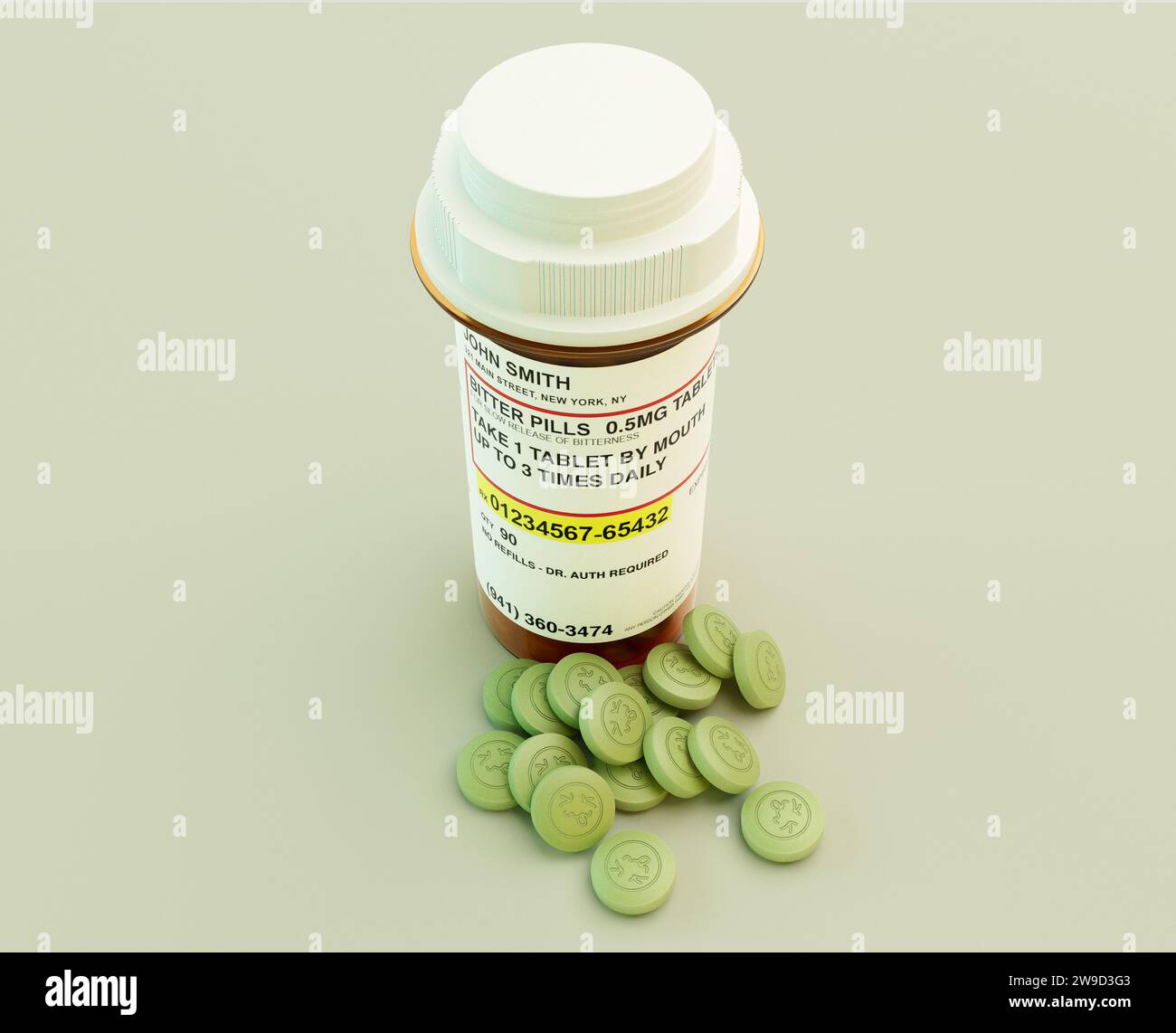 A concept of green medicine tablets embossed with a bitter face around a generic orange prescription pill bottle with a screw on lid - 3D render Stock Photo