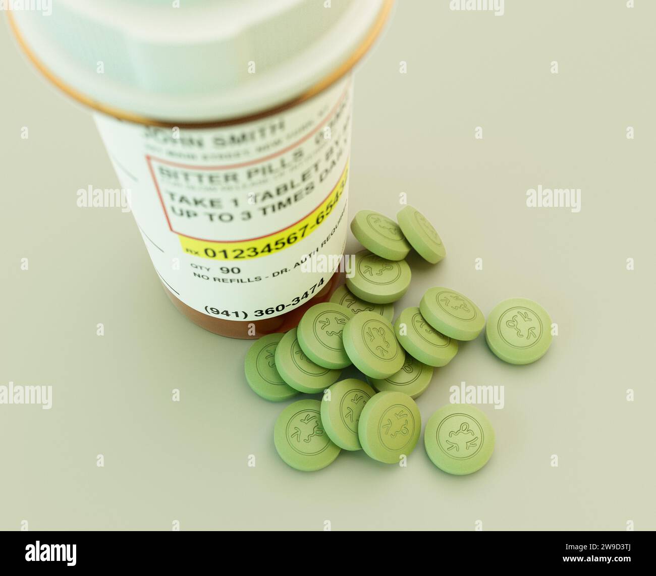 A concept of green medicine tablets embossed with a bitter face around a generic orange prescription pill bottle with a screw on lid - 3D render Stock Photo