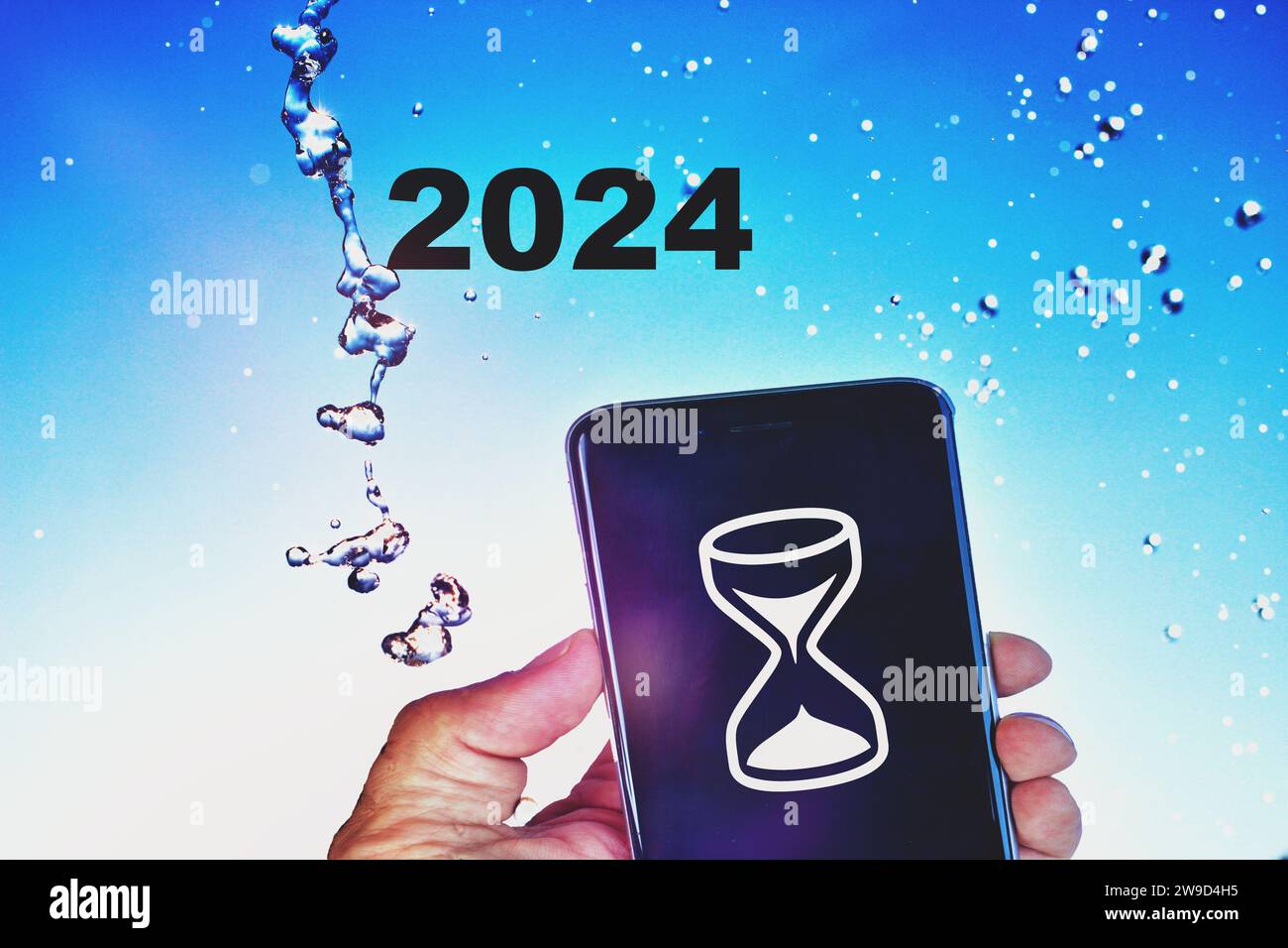 2024 Happy New Year clock countdown background. Smart phone with
