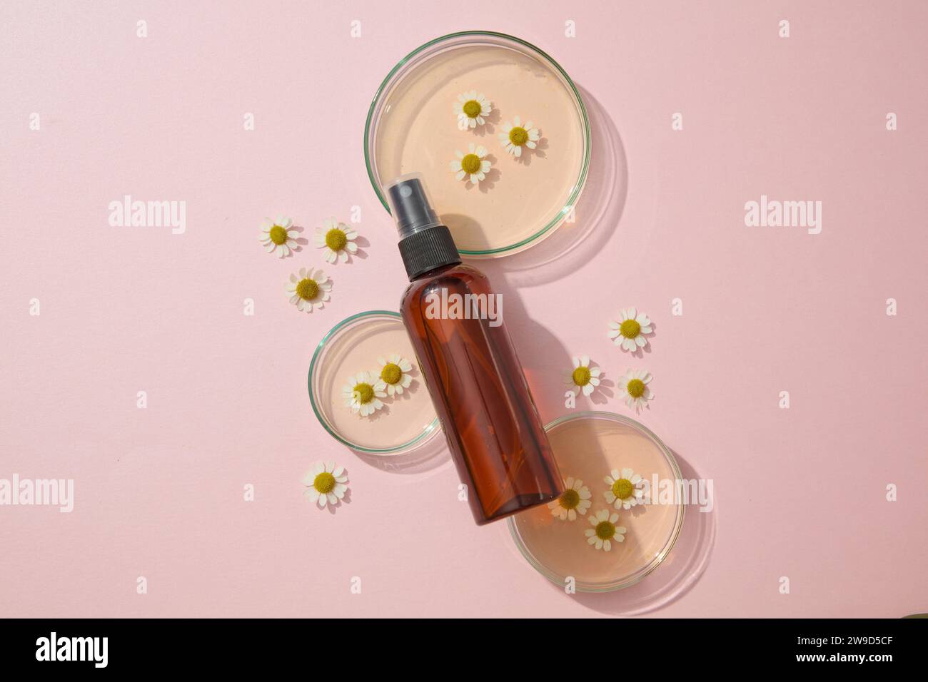 A amber spray bottle unlabeled placed on petri dishes with chamomilla