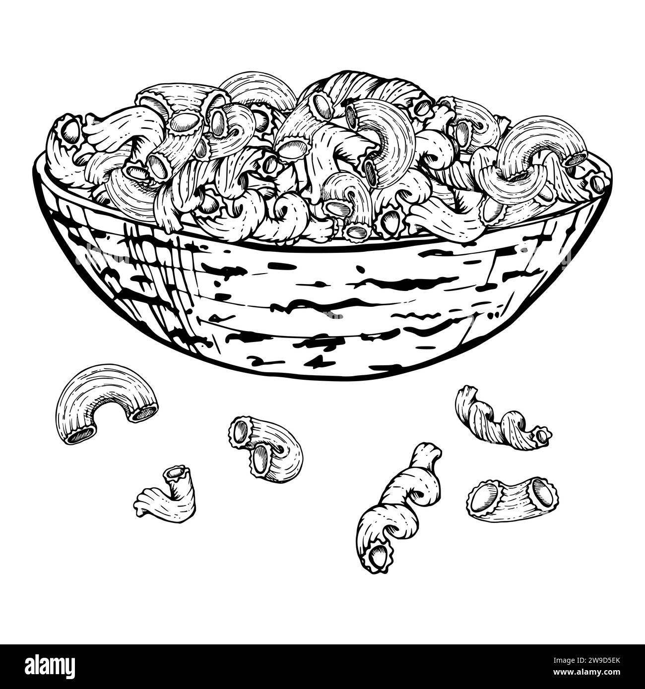 Hand drawn vector ink illustration. Pasta Italian cuisine dish elbows