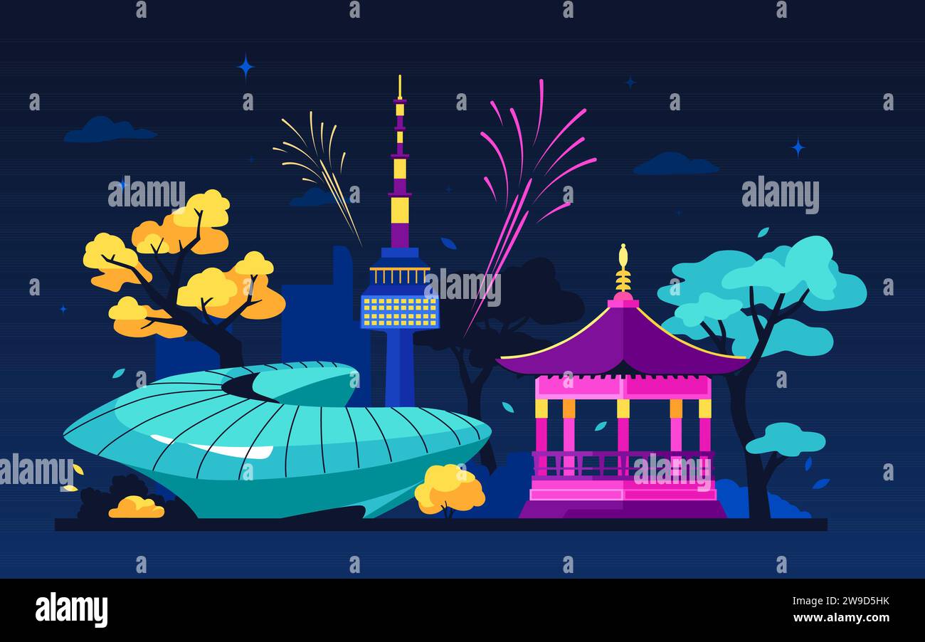 Bright nights in South Korea - modern colored vector illustration Stock Vector