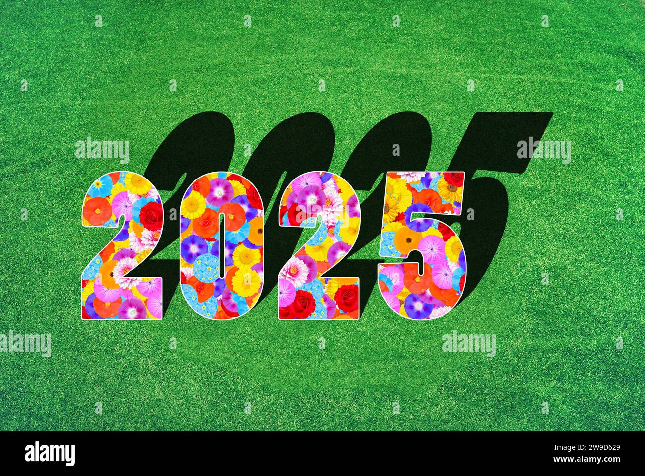 Year, number 2025, written with floral pattern of many different