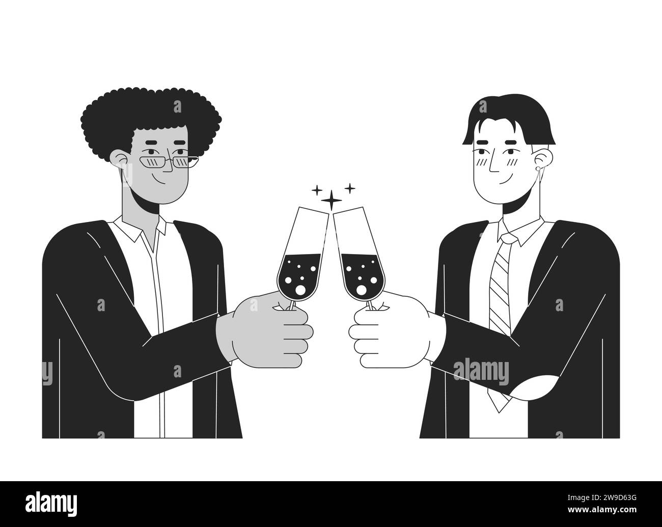Gay men couple clink glasses black and white 2D line cartoon characters Stock Vector