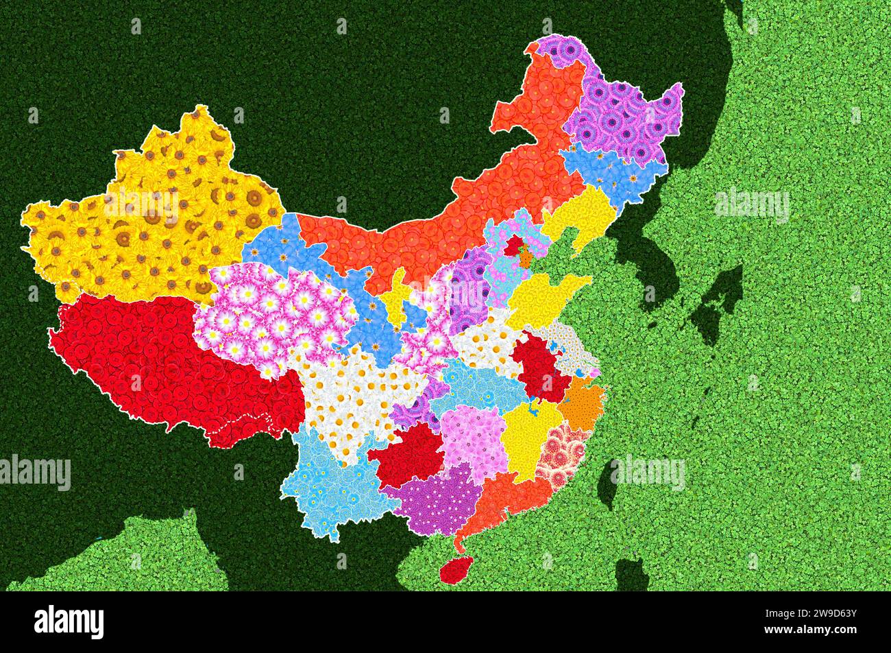 Map, outline of China with all provinces, with floral pattern of many ...