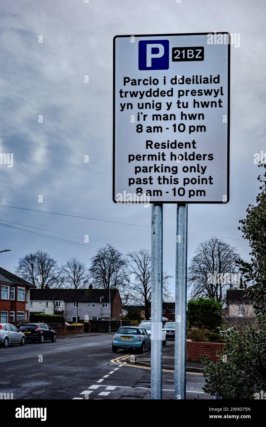 Car Parking restrictions sign in English and Welsh, Road Safety