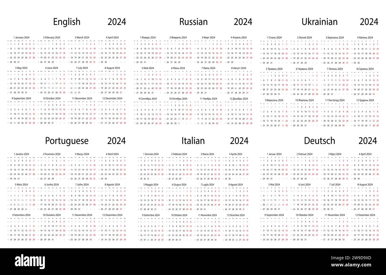 Calendar 2024 of English, Russian, Portuguese, Ukrainian, Italian