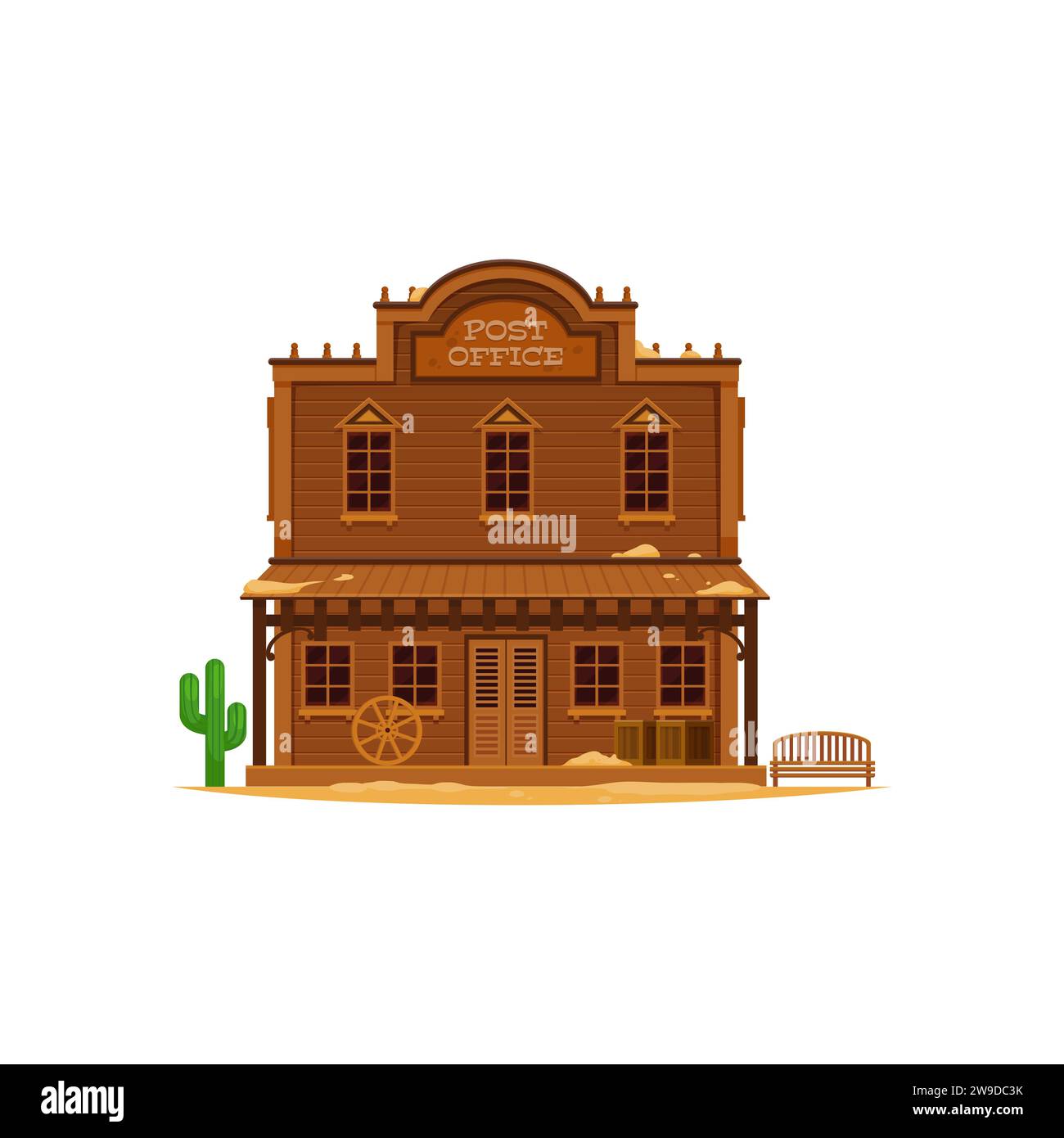 Western Wild West town post office cartoon building. Cowboy city street vector scene with old wood two storey house. Vintage Western post office with parcels on porch, cactus, wagon wheel and bench Stock Vector