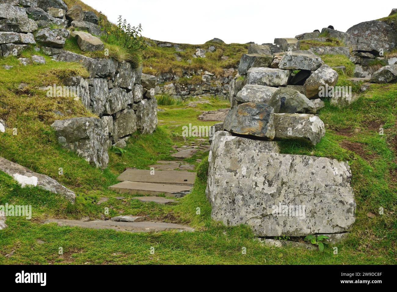 Ruins of Dun Beag Broch, an Iron-Age structure on the Isle of Skye. Found only in Scotland, a broch is a round stone tower built about 2000 years ago Stock Photo