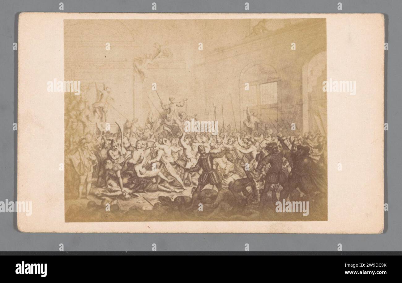 Photo production of an engraving of murder by the Spaniards in the church of Naarden on December 1, 1572, Anonymous, 1850 - 1900 visit card. photograph  Netherlands photographic support. cardboard albumen print murder. interior of church Naarden Stock Photo