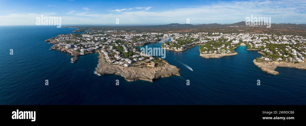 Panorama of Cala d'Or in Majorca aerial view. Balearic Islands, Mediterranean Sea Stock Photo
