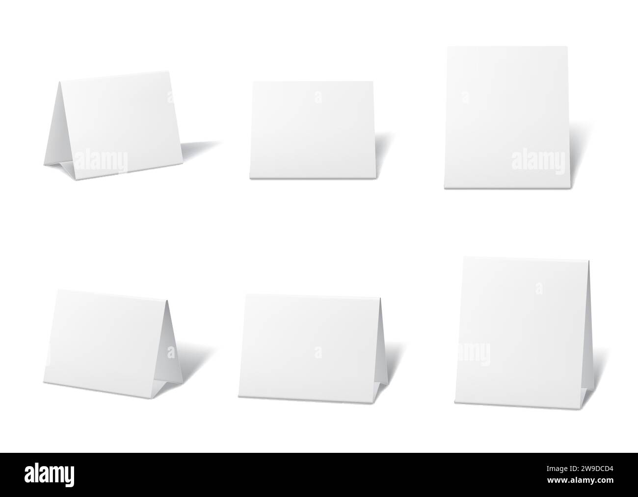 Table stand paper tent cards, blank menu display mockup. Vector 3d
