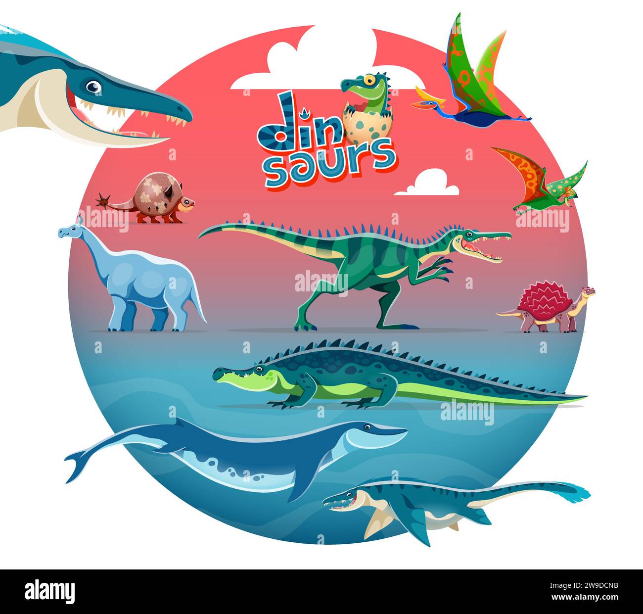 Cartoon dinosaurs isolated characters. Doedicurus, Quetzalcoatlus