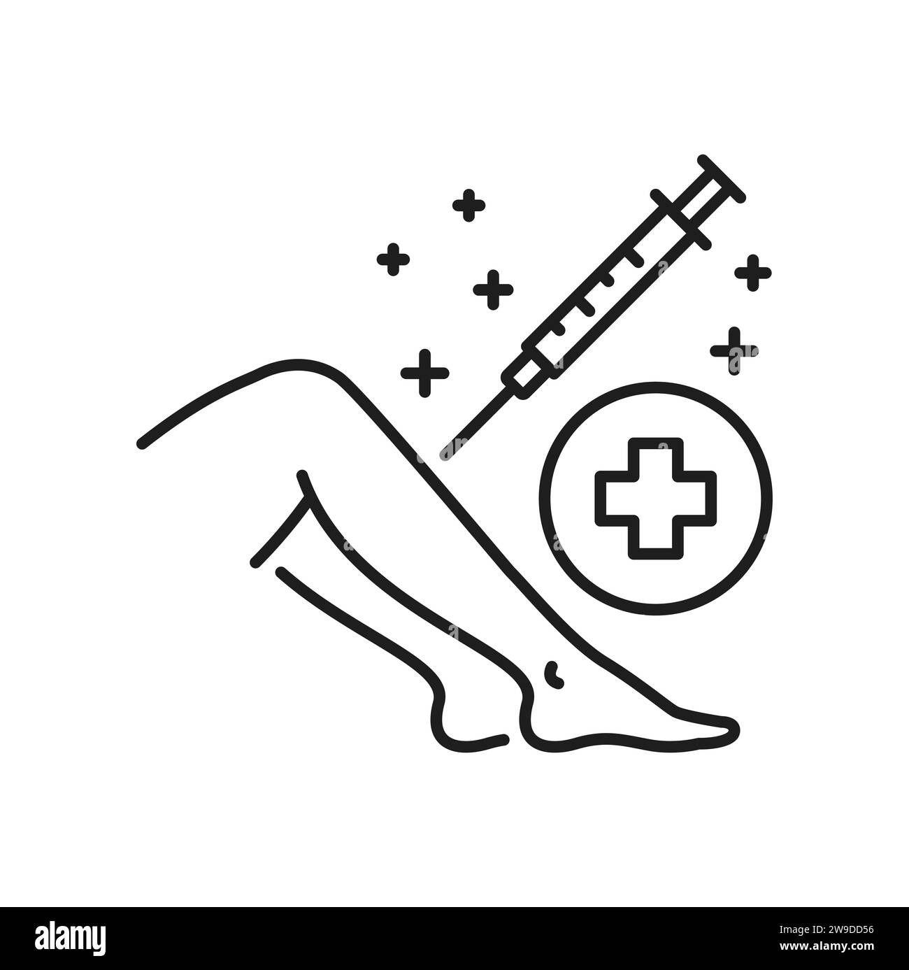 Injection into leg, edema treatment outline icon. Vector medical
