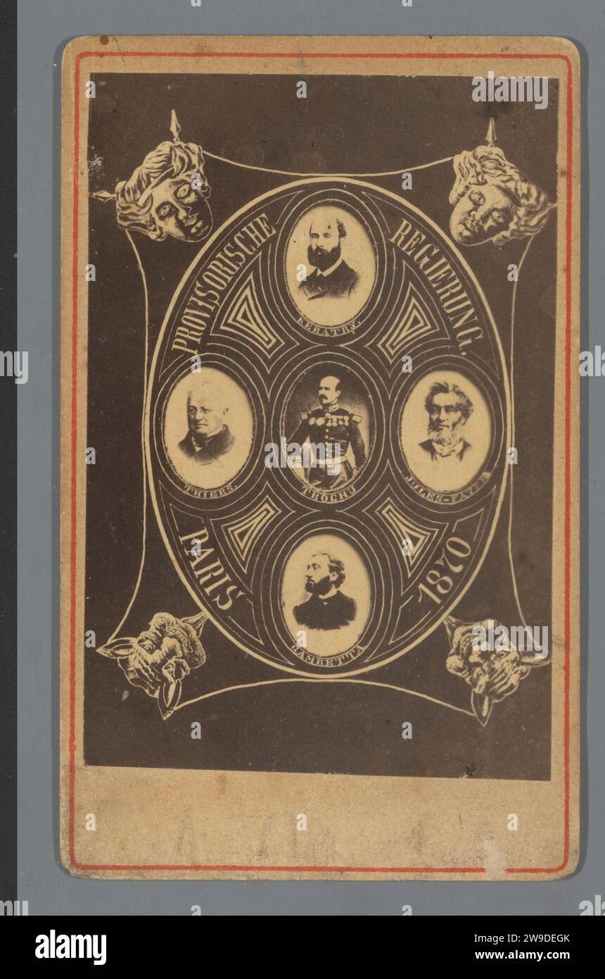 Composition of five portraits of members of the provisional French government, after 1870 Photograph. visit card Composition of five portraits of members of the preliminary French government: 'Government de la Défense Nationale', also known as 'Government Provisoire de 1870', formed on 4 September 1870 after the fall of Emperor Napoléon III. Louis-Jules Trochu, Adolphe Thiers, Léon Gambetta, Émile de Kératry and Jules Favre ('Provisoric Regierung Paris 1870')  paper. cardboard albumen print national government. historical persons Stock Photo