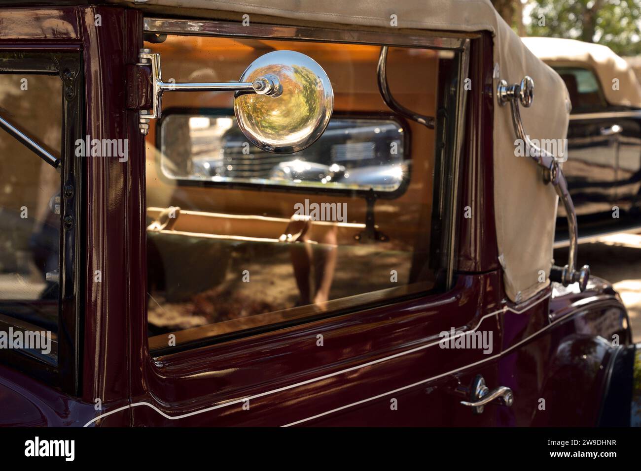 Detail of a classic car in a car festival in San Lorenzo de El Escorial, Madrid. Stock Photo