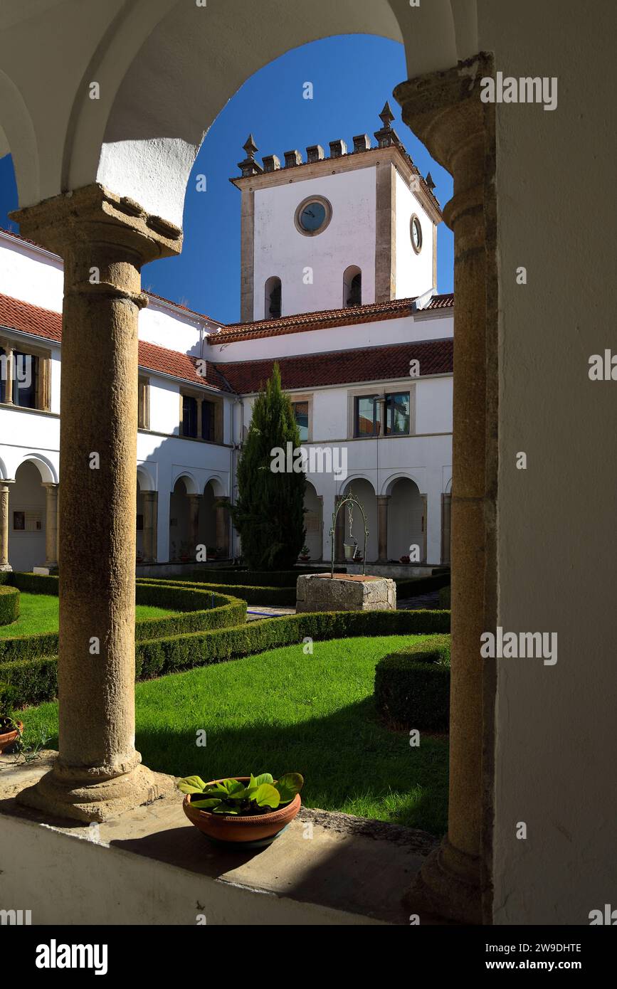The cloister and the Clock Tower of Saint John the Baptist Church of Bragança, Portugal. Stock Photo