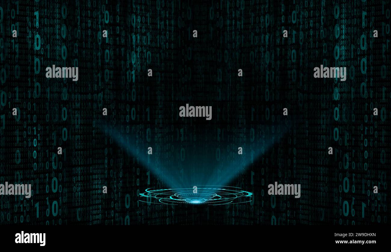 holographic hud with matrix digital bit blue background Stock Photo