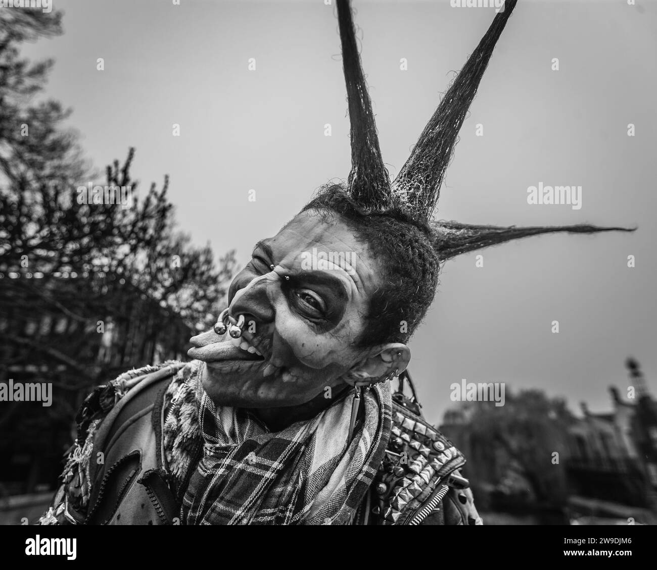 Black and white image of a portrait of ZombiePunk in London's Camden. Stock Photo