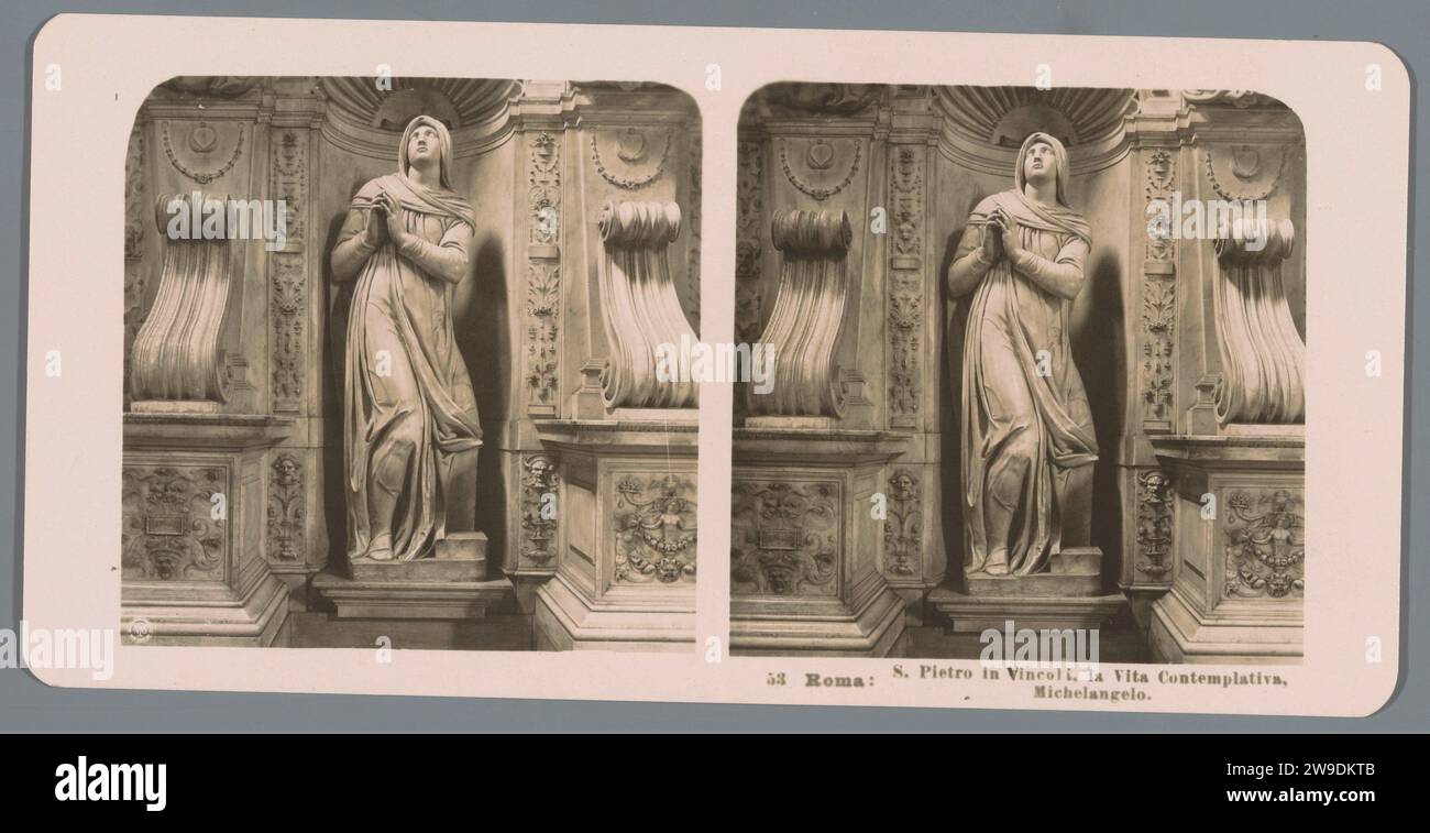 Sculpture in the San Pietro in Vincoli in Rome, representing the contemplative life, Neue Photographic Gesellschaft, c. 1900 - c. 1910 stereograph  Rome cardboard. photographic support gelatin silver print sculpture. contemplative life; 'Vita contemplativa' (Ripa). interior of church Stock Photo