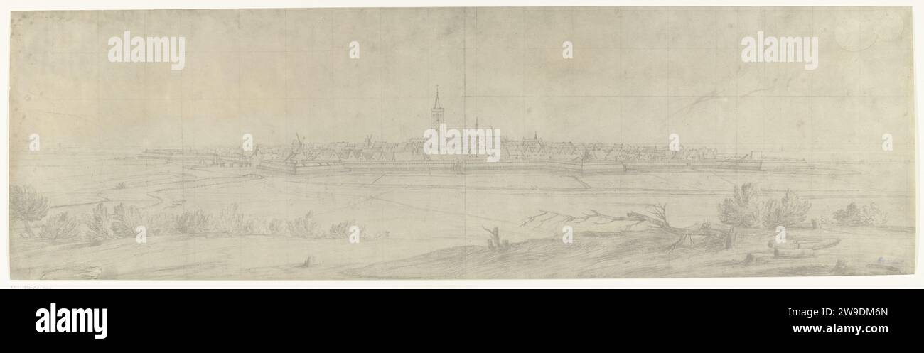 View of Naarden, 1672, 1900 - 1903 photograph Photo of a drawing with a panoramic view of Naarden, taken by the French army on July 20, 1672. Part of a series of photos of drawings of conquered cities during the French invasion of the Netherlands in 1672. France paper gelatin silver print prospect of city, town panorama, silhouette of city Naarden Stock Photo