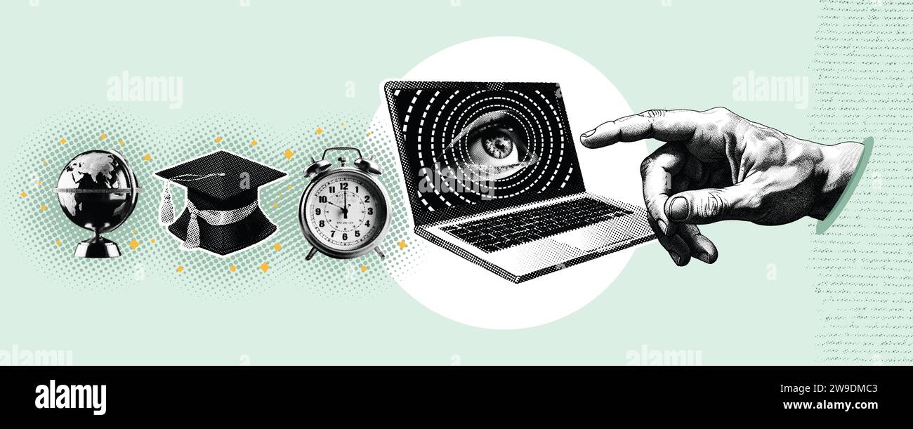 Collage vector illustration grunge banner. IT Learning Empowering poster featuring elements such as a laptop, hand, mortarboard, alarm, and globe. Stock Photo