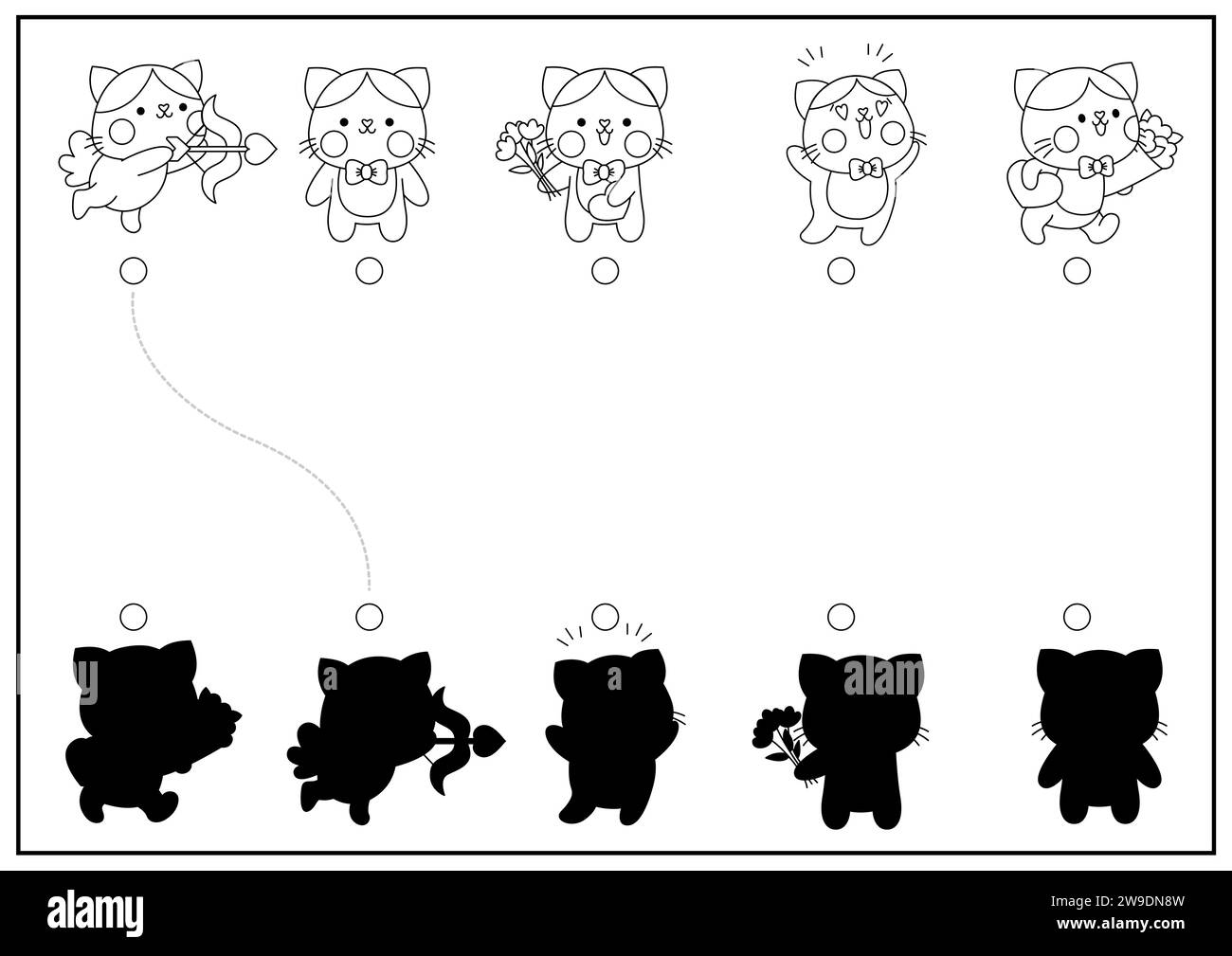 Saint Valentine black and white shadow matching activity with cats