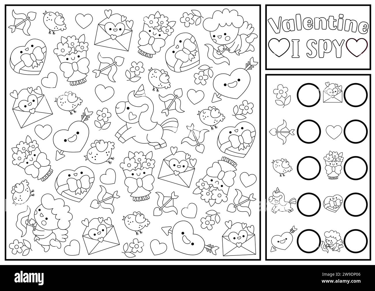 Saint Valentine black and white I spy game for kids. Searching and counting kawaii activity. Love holiday printable worksheet, coloring page. Simple s Stock Vector