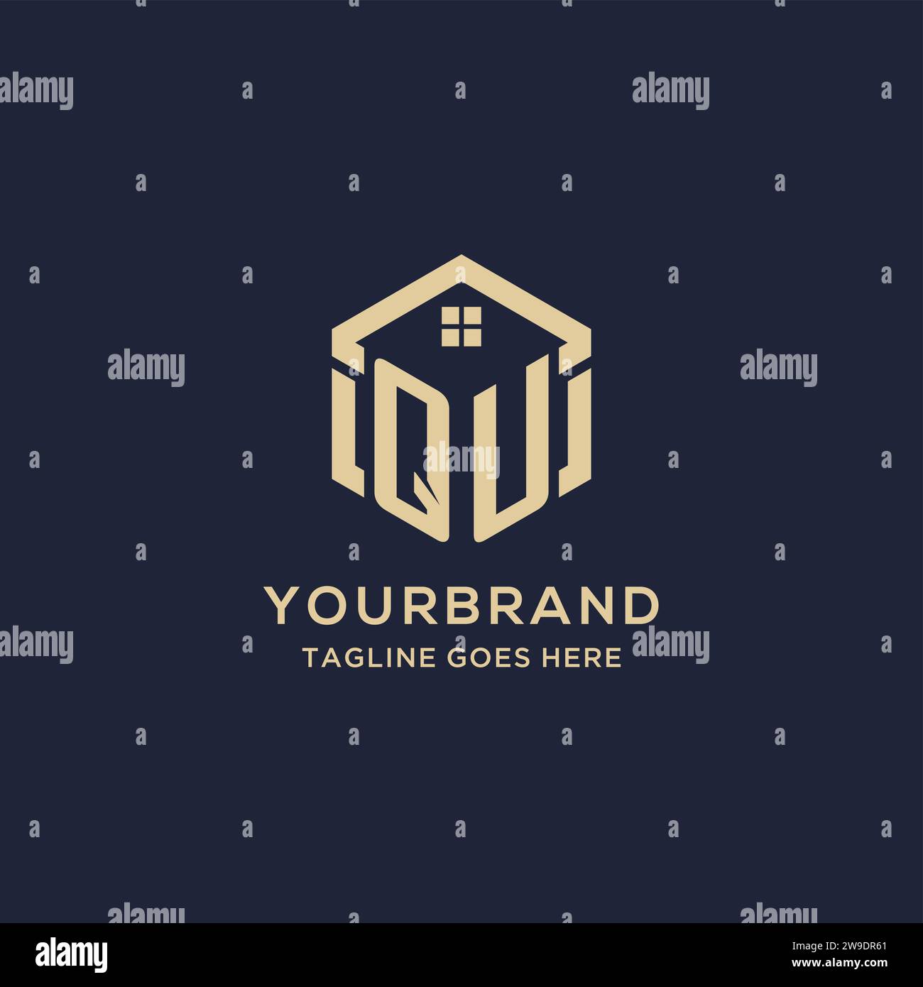 Initials QU logo with abstract home roof hexagon shape, simple and ...